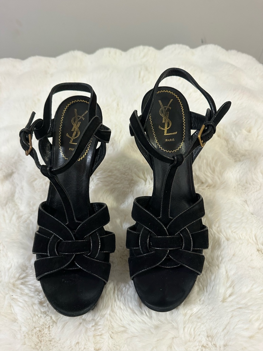 YSL Saint Laurent Black Suede Platform Sandals Heels Size 40.5